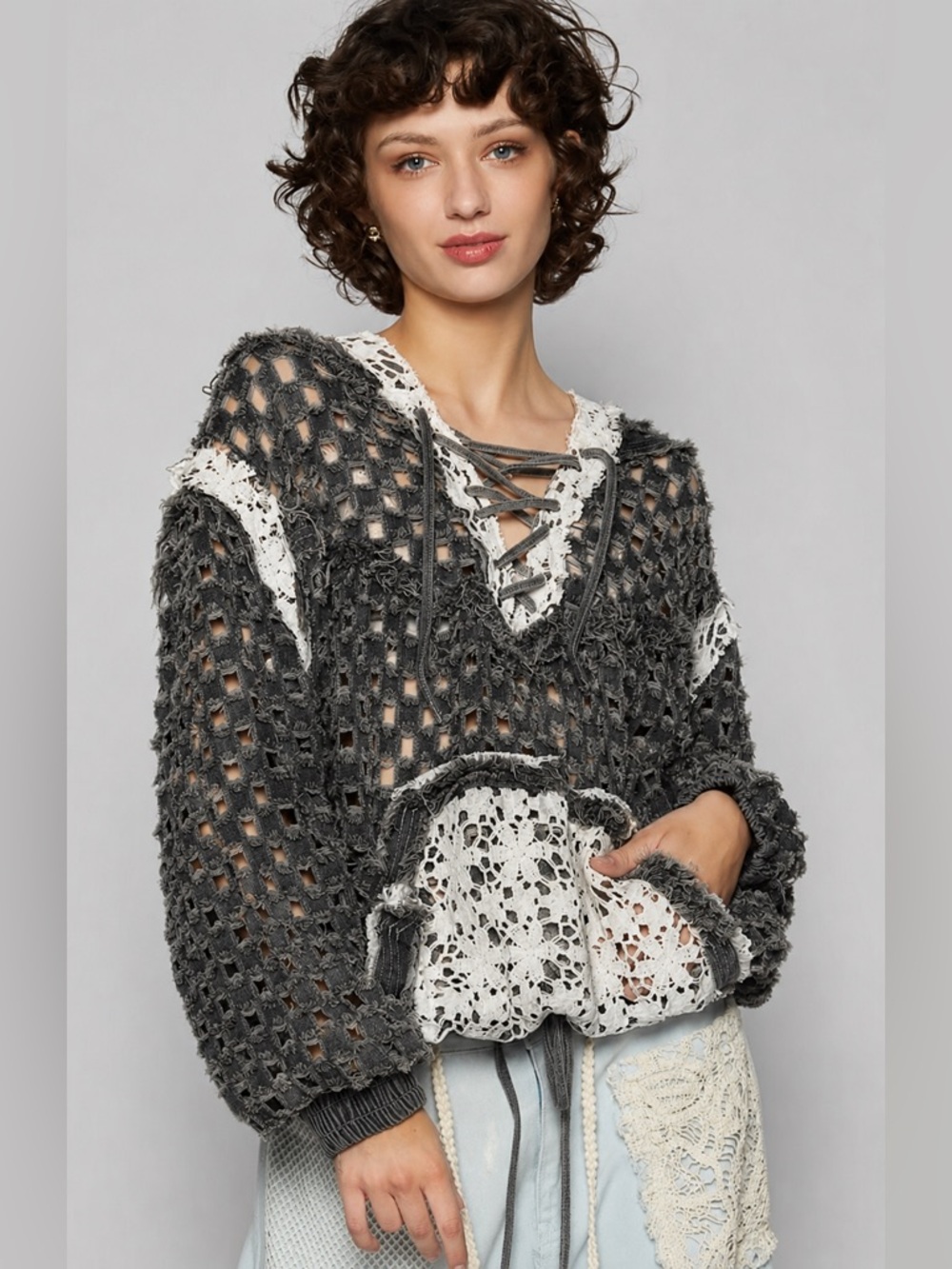 POL Laser Cut Denim Lace Up Crochet Hoodie